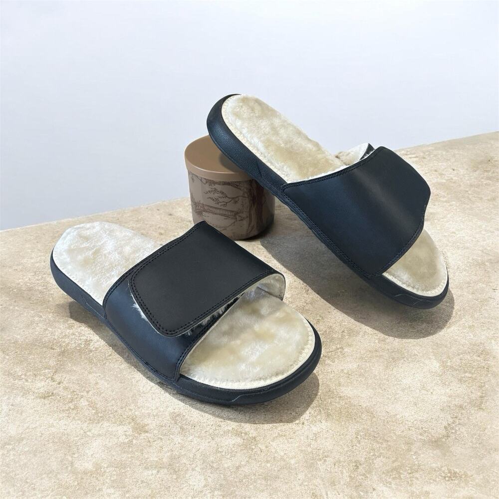 New-I-Slides Men’s Size 11 Black Sherpa Lined Sandals Faux Fur Comfort Slides